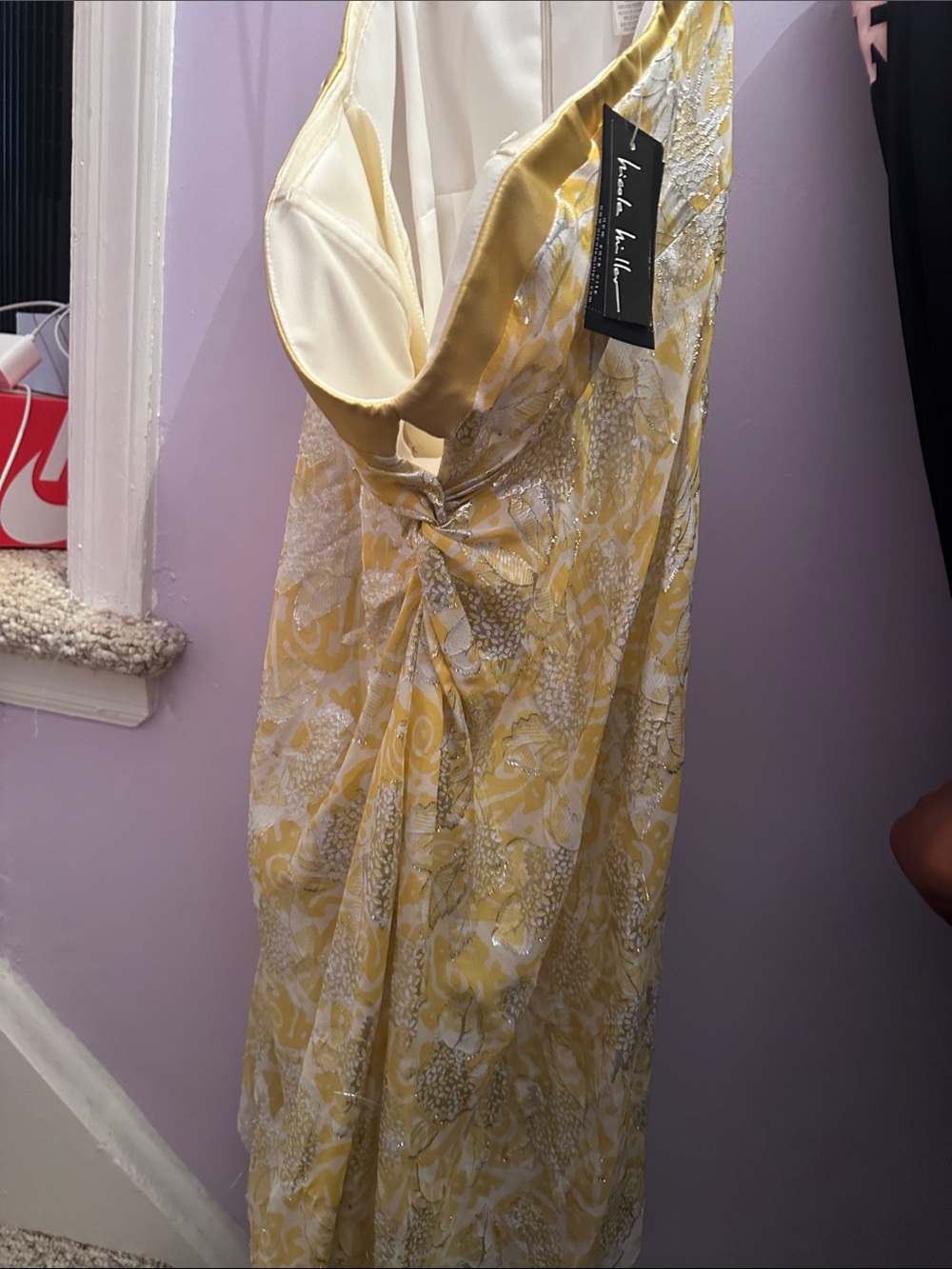 Nicole Miller Yellow Floral Satin Twist-Front Dress